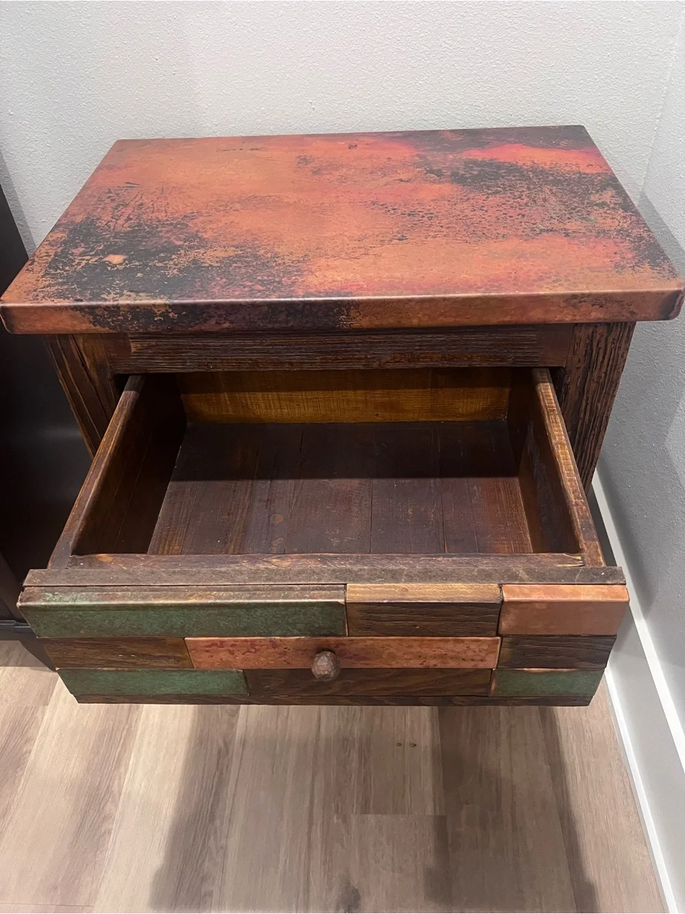 Rustic Multicolor Wooden Accent End Table in Green and Copper Tones